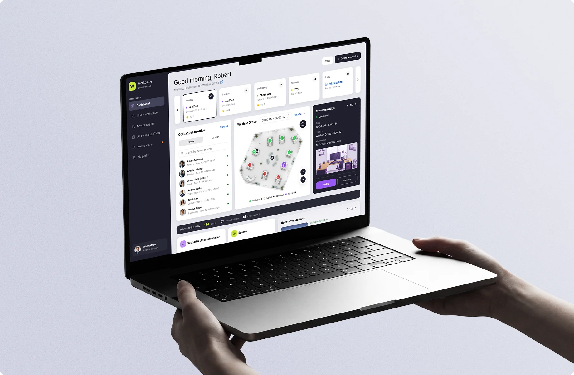 Workplace dashboard on a laptop: the working week, a floor plan of the Wilshire office and a confirmed desk reservation
